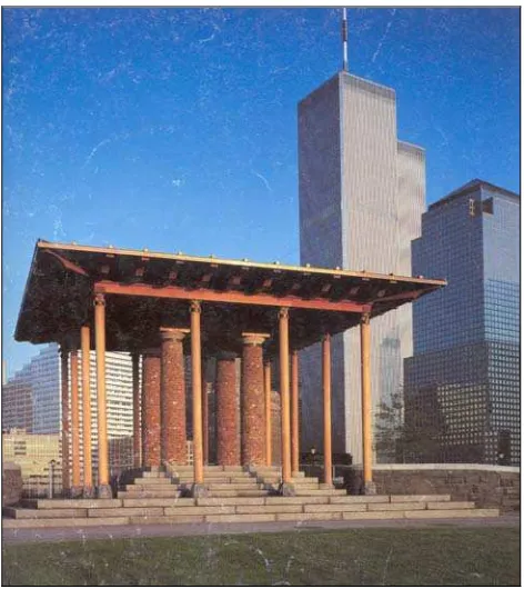 Gambar 6.   Battery Park City Pavilion, New York, 1990, karya Demetri Porphyrios, memperlihatkan penghadiran bentuk kolom-kolom yang diadopsi dari suatu langgam masa lalu yang telah mengalami modifikasi secara ukuran, proporsi, sistem konstruksi, warna, te