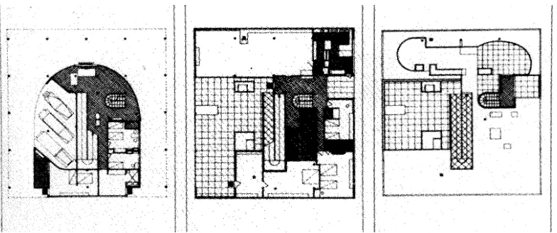 Gambar 1.  Pada rancangan denah villa Savoye di Poissy, 1929 – 1931, terlihat  bahwa Le Corbusier membentuk dan membagi-bagi ruang tidak lagi selalu mengikuti pola garis modul strukturnya, melainkan bebas bergerak di antara posisi kolomnya, plan libre