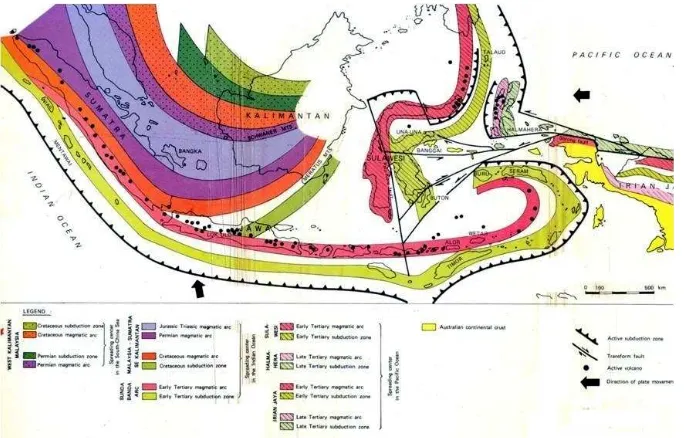 Gambar 1.1. Evolusi tektonik Indonesia, menunjukkan migrasi zona subduksi sejak Zaman Kapur sampai sekarang (Katili, 1974) 