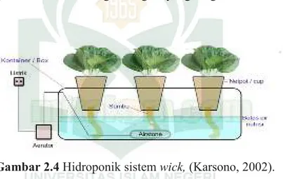 Gambar 2.4 Hidroponik sistem wick, (Karsono, 2002). 