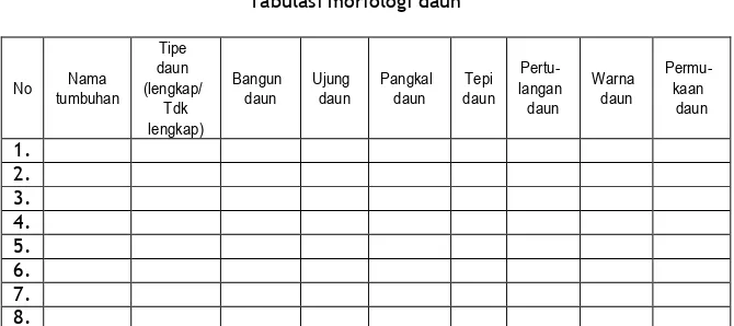 Tabel 1.1 Tabulasi morfologi daun 