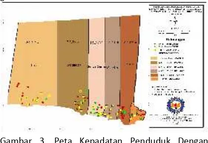 Gambar 3. Peta Kepadatan Penduduk DenganKejadianTB paru BTA(+) Di Wilayah KerjaPuskesmas Benu-Benua Tahun 2013-2015