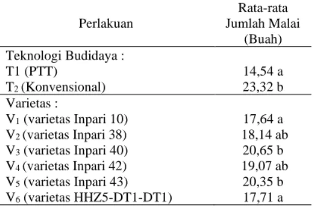 Tabel 6.  Pengaruh Teknologi Budidaya dan Beberapa  Varietas Padi Sawah Tadah  Hujan Terhadap  Jumlah Malai (Buah) 
