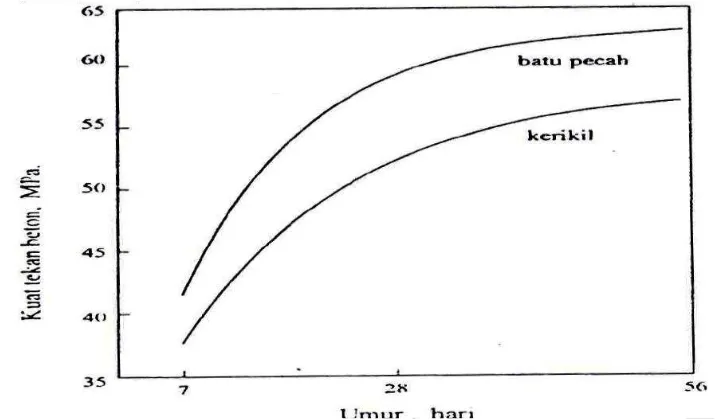 Gambar 2.10. Pengaruh jenis agregat terhadap kuat tekan beton (Mindess, 1981)