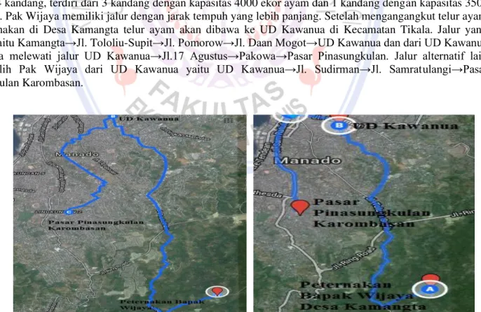 Gambar 2. Peta Jalur Transportasi Pertama dan Kedua Telur Ayam Ras dari Desa Kamangta ke  Pasar Pinasungkulan Karombasan 