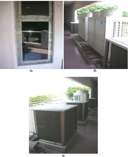 Gambar 4.  Penghalang atau barrier (double glazing) (4a) dan outdoor (condensing) AC di sepanjang balkon sisi timur (4b, 4c) (dokumentasi pribadi, 2006) 