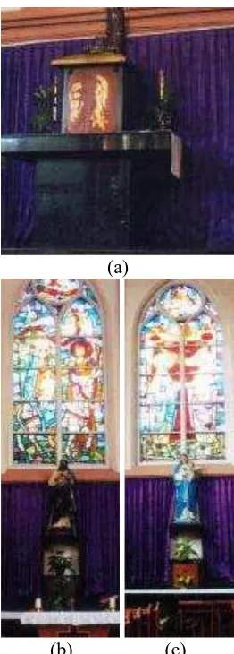 Gambar 7. Penerapan warna ungu di belakang Panti Imam (a), patung Yesus (b) dan Bunda Maria (c)