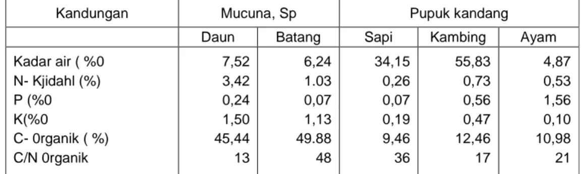 Tabel  5.  Kandungan  hara  kimia    bahan  organik  dari  tanaman  Mucuna,  sp  sebagai     tanaman legum dan ternak di Dusun Karmio, Desa Batin , Propinsi Jambi 