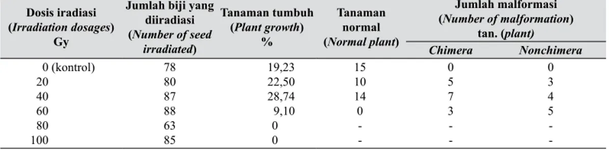 Tabel 1.   Hasil pengamatan tanaman muda yang ditumbuhkan dari biji yang telah diiradiasi  dengan beberapa dosis sinar gamma (The results of young plants from seeds have  been irradiated using some dosages of gamma ray) 