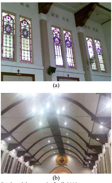 Gambar 7. (a) Dinding gereja yang menggunakan jendela stained glass (b) Plafon yang berbentuk lengkung dikom-binasikan dengan elemen lokal dan detil elemen vernakuler pada plafon  