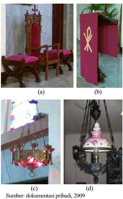 Gambar 10. (a) Sedilia, (b) Mimbar, (c) Lampu Tuhan yang digantung di dinding panti imam, (d) Lampu khas kolonial Belanda  