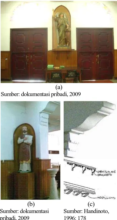 Gambar 5. (a) Ruang peralihan ketika pertama memasuki main entrance. (b) Pengunaan material kayu pada dinding peralihan (c) Detail arsitektur vernakuler  