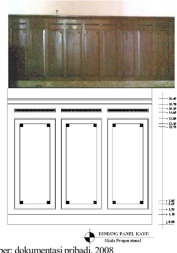 Gambar 10. Dinding dengan panel kayu jati terdapat dua macam dekorasi yang keduanya didominasi dengan bentuk-bentuk stilasi dari bentuk alam yaitu flora