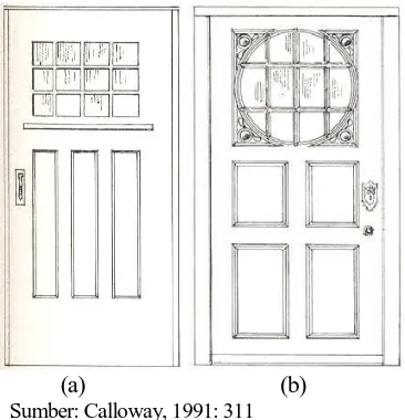 Gambar 19. (a) Pintu pada masa Art and Craft (1860-1925), Pintu dengan panel geometris dan dikombinasikan dengan kaca merupakan desain dari Voysey dan (b) Pintu dengan panel dan detil dekorasi yang lebih rumit dan rinci merupakan desain dari The Longcroft,
