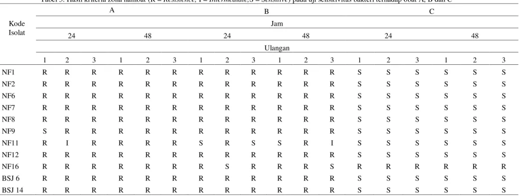 Tabel 3. Hasil kriteria zona hambat (R = Resistence, I = Intermediate,S = Sensitive) pada uji sensitivitas bakteri terhadap obat A, B dan C 