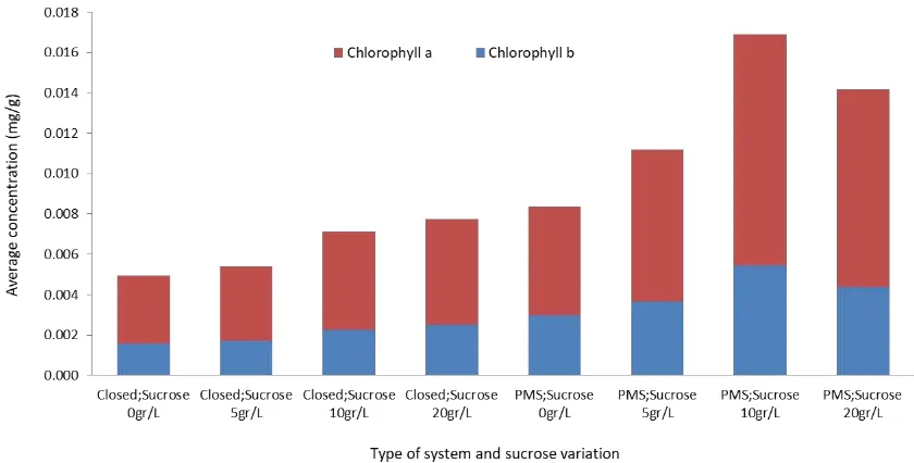 Figure 5. Average concentration of chlorophyll a, b and the total (mg/g) in G. scriptum plantlets within a closedsystems and PMS, with sucrose variations in VW mediums (for 8 weeks).