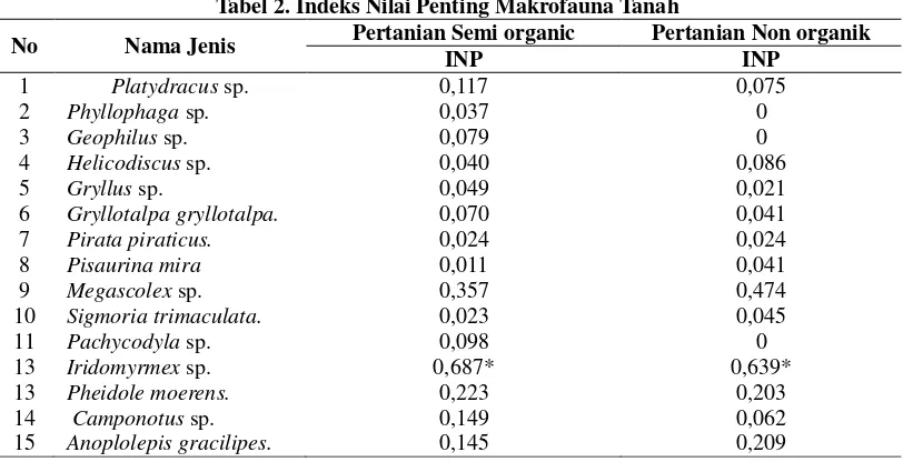 Tabel 2. Indeks Nilai Penting Makrofauna Tanah 