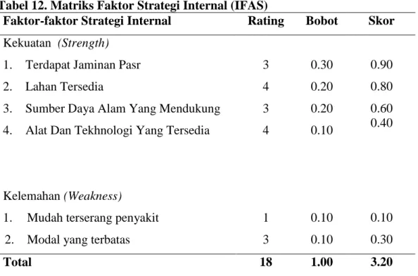 Tabel 12. Matriks Faktor Strategi Internal (IFAS) 