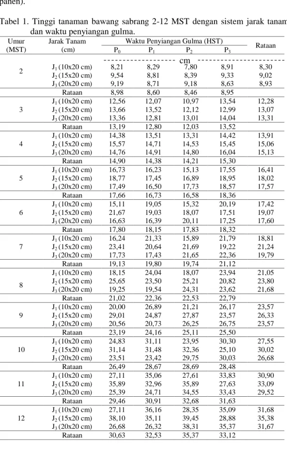 Tabel  1.  Tinggi  tanaman  bawang  sabrang  2-12  MST  dengan  sistem  jarak  tanam  dan waktu penyiangan gulma