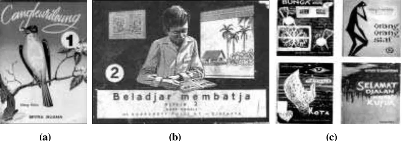 Gambar 8. (a) Kulit muka buku ‘Cangkurileung’ digambar oleh Nanang Durachman tahun 1960-an, dicetak ulang hingga lima kali    (b); Kulit muka buku ‘Beladjar Membatja’ untuk  siswa sekolah dasar dicetak tahun 1953(c) Kulit muka sejumlah buku yang terbit tah