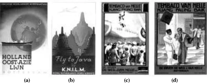 Gambar 2.  (a) Iklan wisata ‘ Holland Oost-Azie Lijn’ karya J.Lavies tahun 1937 dan iklan wisata ‘Fly to Java by KNILM’ karya J
