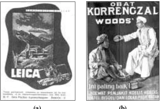 Gambar 3.  (a) Iklan yang menawarkan kamera bermerk ‘Leica’ , iklan ini dimuat dalam majalah Java Express (1938); (b)  Iklan yang menawarkan salep kulit dibuat pada tahun 1930