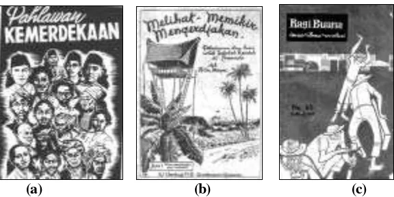 Gambar 4.  (a)  Kulit muka buku ‘Pahlawan Kemerdekaan’ (1953); (b) Kulit muka buku pelajaran sekolah; (c) Kulit muka majalah ‘Ragi Buana’ tahun 1960-an