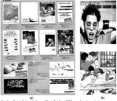 Gambar 5. (a) Sejumlah karya iklan di tahun 1980-an sebagai nominator  pemenan penghargaan iklan terbaik ‘Citra Pariwara’ dengan sejumlah gaya visual Pop-Modern; (b) dua buah iklan dalam majalah Trolley  yang terbit akhir dekade 1990-an dengan gaya visual Posmodern 