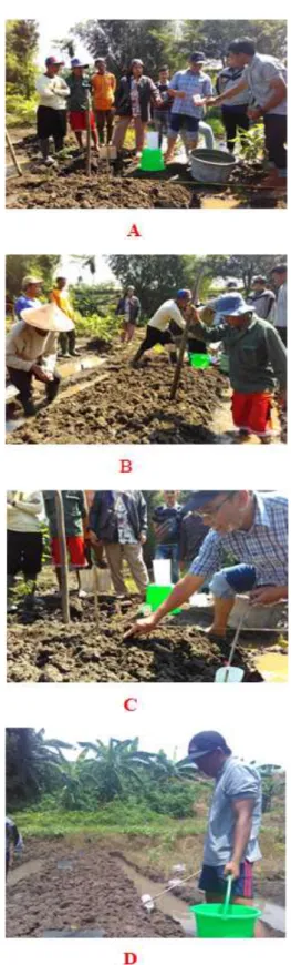 Gambar 3. Preparasi teknologi pupuk hayati  bersama petani, (A) pengenceran inokulum  dan (B) pengadukan inokulum rhizobakteri 