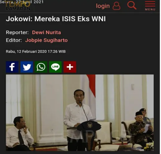 Gambar 3.1 Tangkapan Layar Berita Berjudul “Jokowi : Mereka  ISIS Eks WNI” 