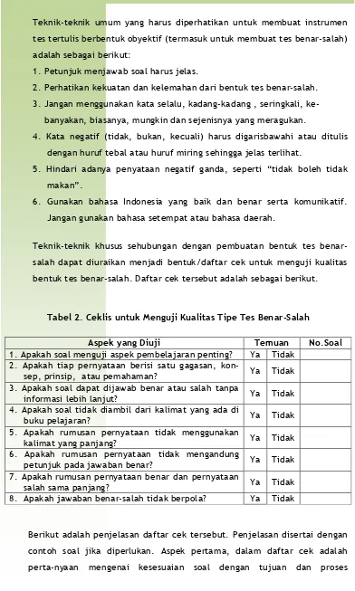 Tabel 2. Ceklis untuk Menguji Kualitas Tipe Tes Benar-Salah