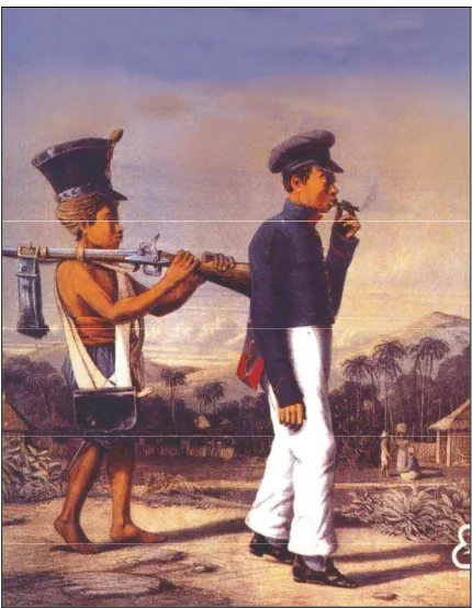 Gambar 4.  Serdadu Pribumi Dengan Pembantu (Jongosnya), Karya Litografi dari Van Pers 