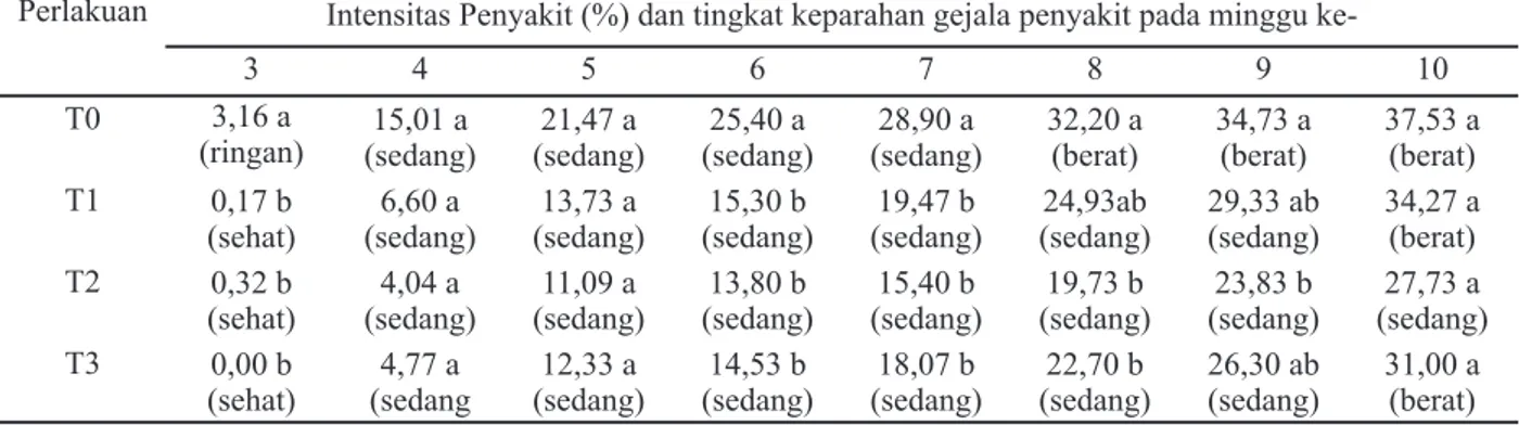 Tabel 2. Pengaruh  inokulasi JMA terhadap intensitas penyakit dan tingkat keparahan gejala penyakit daun keriting kuning cabai 