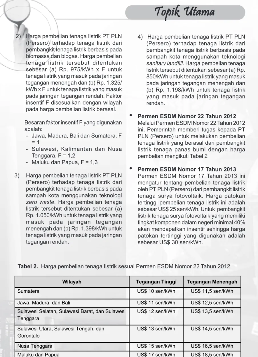 Tabel 2.  Harga pembelian tenaga listrik sesuai Permen ESDM Nomor 22 Tahun 2012 4) Harga pembelian tenaga listrik PT PLN