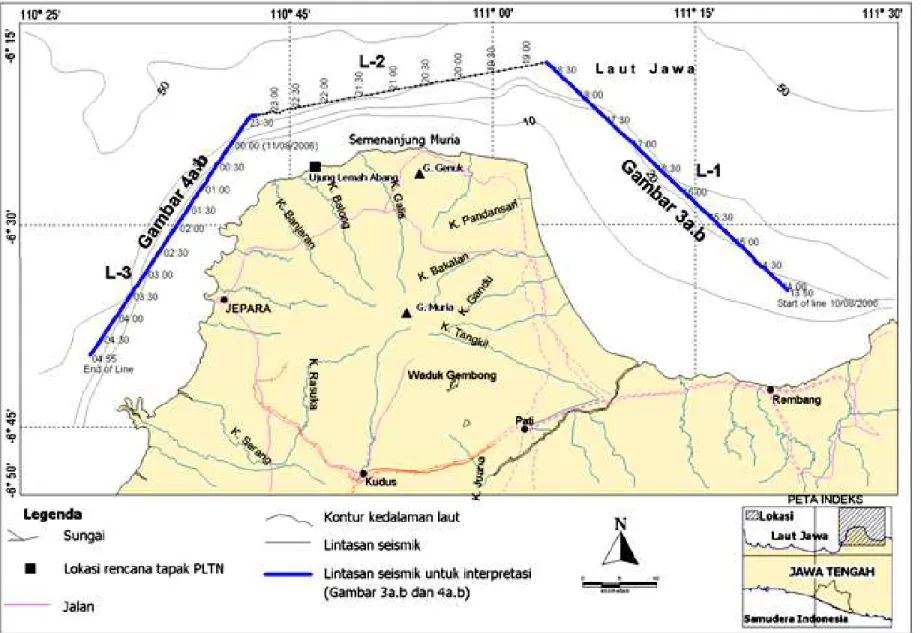 Gambar 1. Peta lokasi penelitian dan lintasan seismik pada survei pendahuluan perairan Semenanjung Muria, Jepara.