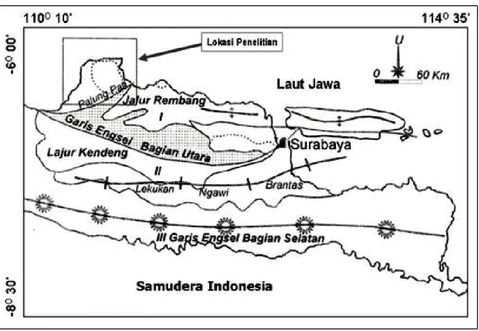 Gambar 2.  Peta fisiografi Jawa Tengah - Jawa Timur berdasarkan elemen tektonik yang diproses dari  citra satelit (Sidarto dkk., 1999)