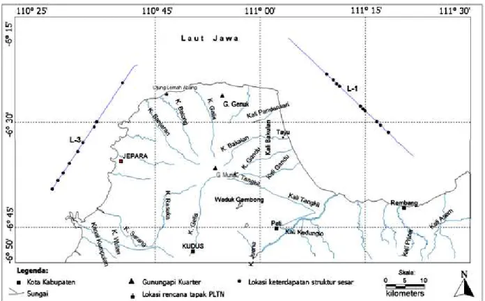 Gambar 5.  Lokasi  keterdapatan  struktur sesar hasil interpretasi rekaman seismik (L-1 dan L-3) di  perairan Semenanjung Muria.