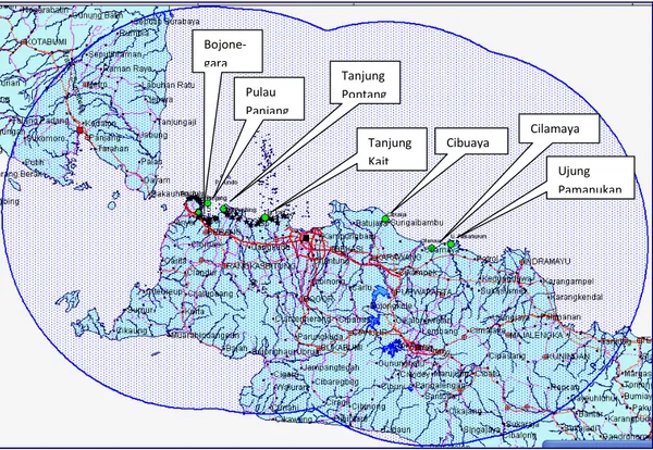 Gambar 1. Peta Wilayah Studi Kegiatan Analisis Regional Jawa Barat dan Banten, Mencakup  Daerah-Daerah Interes (   ) dan Perluasannya Hingga Radius 150 Km (   )