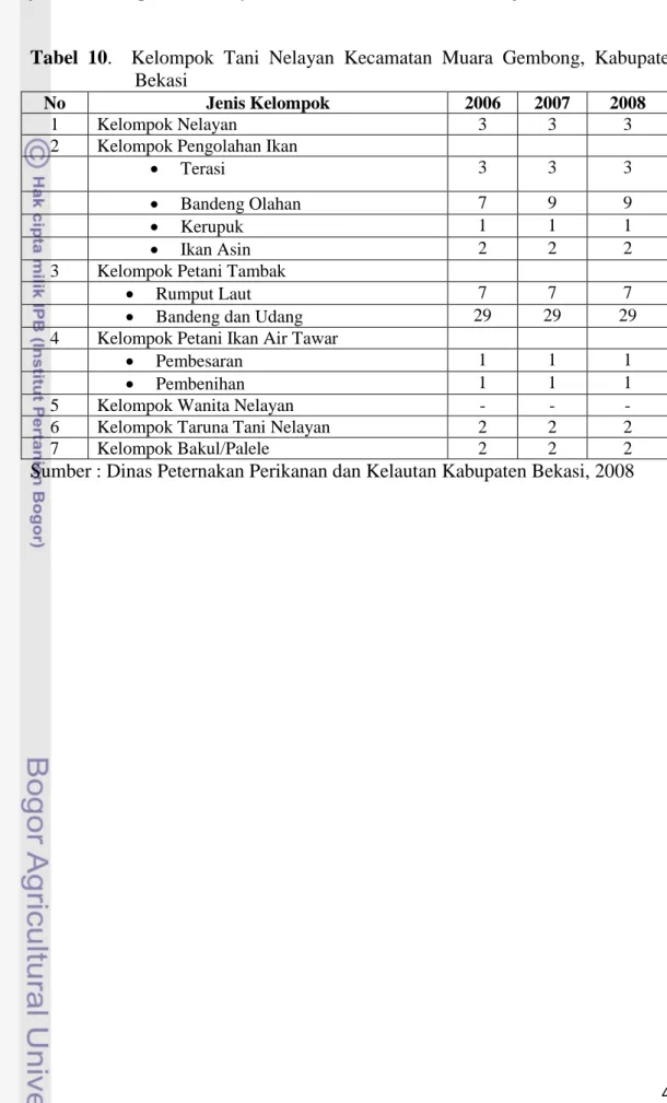 Tabel  10.    Kelompok  Tani  Nelayan  Kecamatan  Muara  Gembong,  Kabupaten  Bekasi 