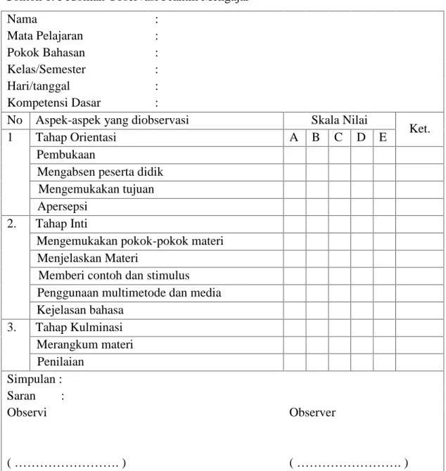 Tabel I. 1. Tabel Pedoman Observasi Praktek Mengajar.