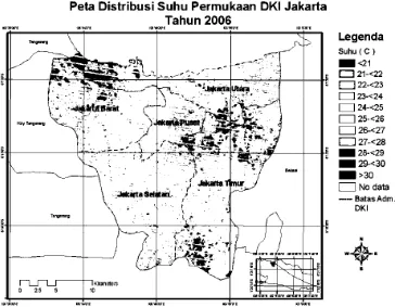 Gambar 1.  Peta distribusi suhu permukaan DKI Jakarta Tahun 2006 