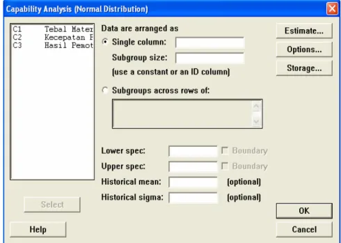 Gambar 4.2   Layar minitab untuk analisis capability process 
