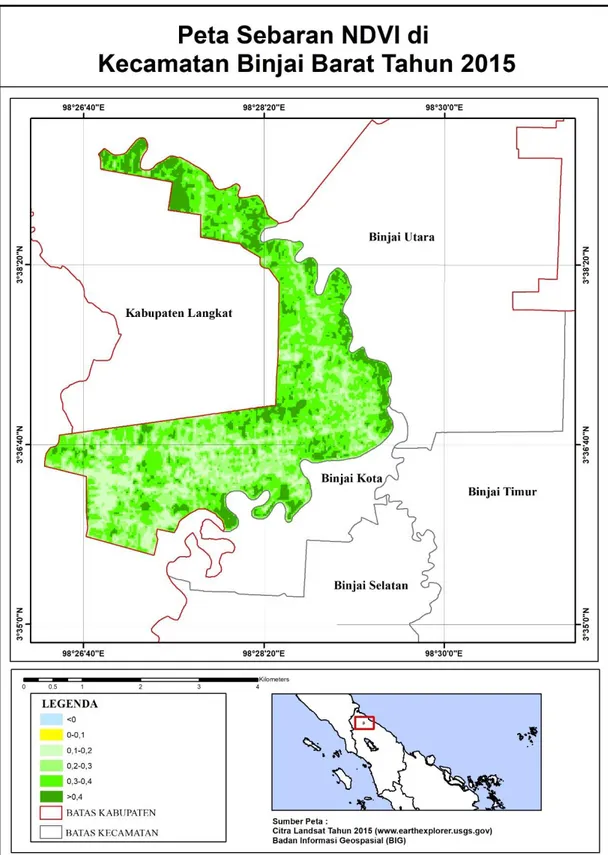 Gambar 4. Peta sebaran Normalized Difference Vegetation Index (NDVI) di Kecamatan          Binjai Barat tahun 2015