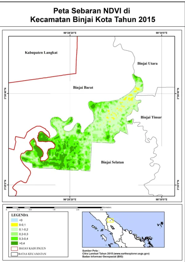 Gambar 8. Peta sebaran Normalized Difference Vegetation Index (NDVI) di Kecamatan          Binjai Kota tahun 2015