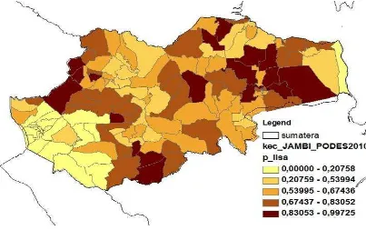Figure 4. he p value of LISA in Each Sub District for Poverty among Food Crops Farmers