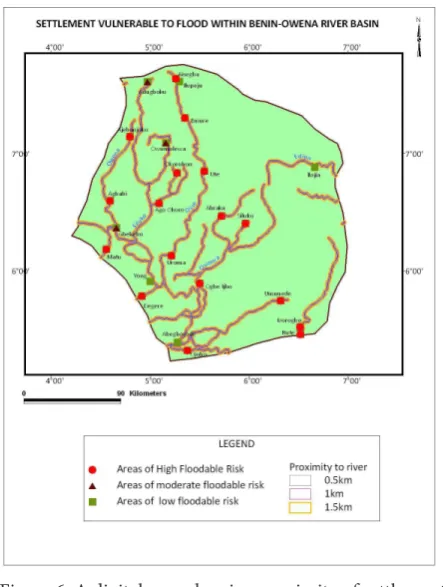 Figure 6: A digital map showing proximity of settlements within the river basin to drainage channels.
