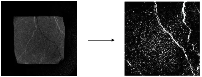 Gambar 3.12. Gambar sampel batuan berwarna grayscale (kiri) dikonversi kedalam gambar image black and white (kanan)