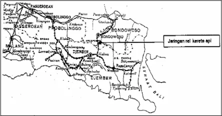 Gambar 6. Jaringan kota-kota didaerah sudut Timur, propinsi Jawa Timur. Jaringan jalan kereta api menghubungkan kota-kota utama 
