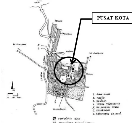 Gambar 8.  Peta kota Jepara abad ke 17. Terlihat mulai adanya perubahan dari daerah pusat kota, dengan adanya unsur benteng Belanda dipinggir sungai