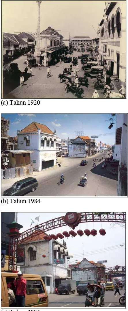 Gambar 1. Kondisi jalan Kembang Jepun dari masa ke masa (sumber: dokumentasi IPPHOS, Asia Maior, Hollands dan surve lapangan 2004)  